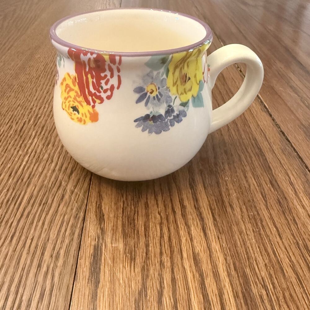 RARE Pioneer Woman Pot Belly Garden Meadow Floral Mug White w/ Purple Rim 28oz